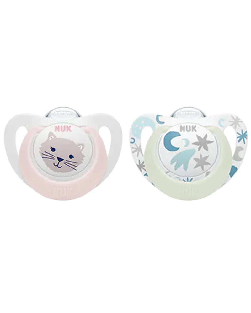 Lot de 2 Sucettes Star Night & Day NUK 0-6M - Étoiles & Chat