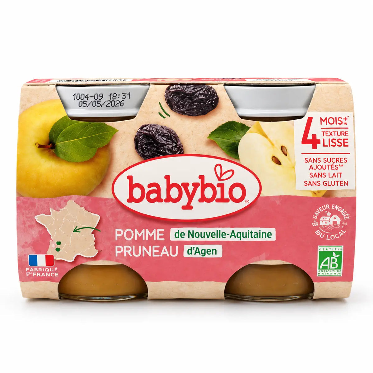 Babybio Pomme Pruneau Bio 2 × 130 g — Dès 4 mois
