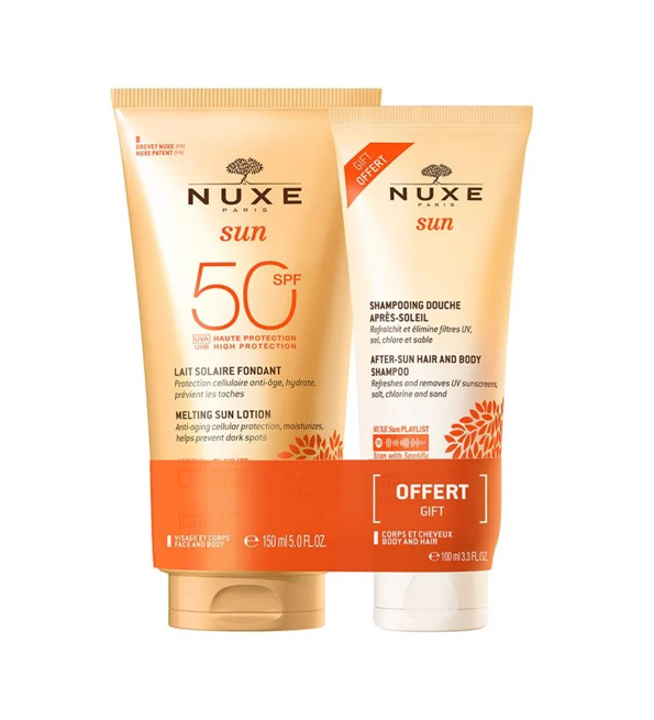 NUXE Lait Solaire Fondant Haute Protection SPF50 visage et corps150ML + NUXE SHAMPOOING DOUCHE APRES SOLEIL 100ML