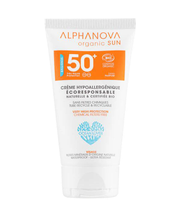 Crème solaire certifiée bio hypoallergénique visage SPF 50+