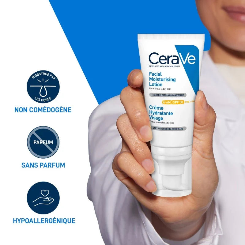 CeraVe Crème hydratante visage SPF50 Peaux Normales à Sèches 52ml = Miniature Offerte