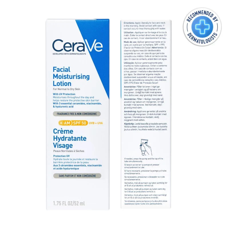 CeraVe Crème hydratante visage SPF50 Peaux Normales à Sèches 52ml = Miniature Offerte